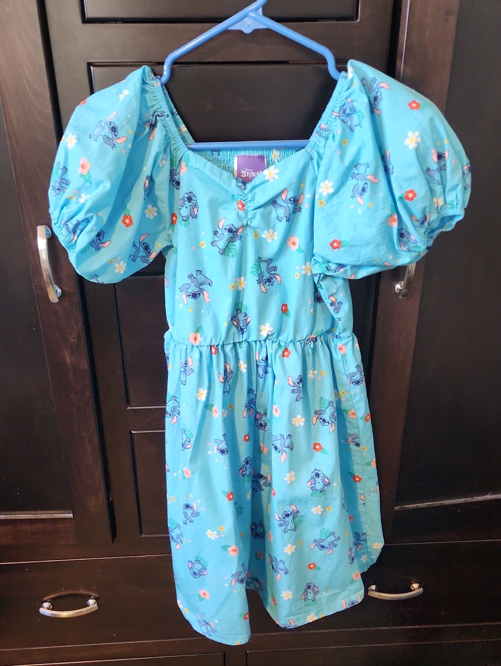 Disney Aqua Blue Puff-Shoulder Stitch Floral Dress